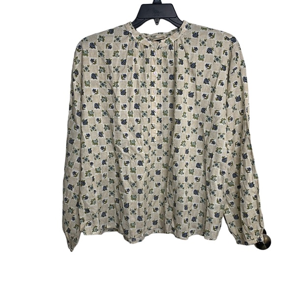Universal Thread Womens Size XL Cream Floral Checkered Poet Blouse Half Button - Picture 11 of 11